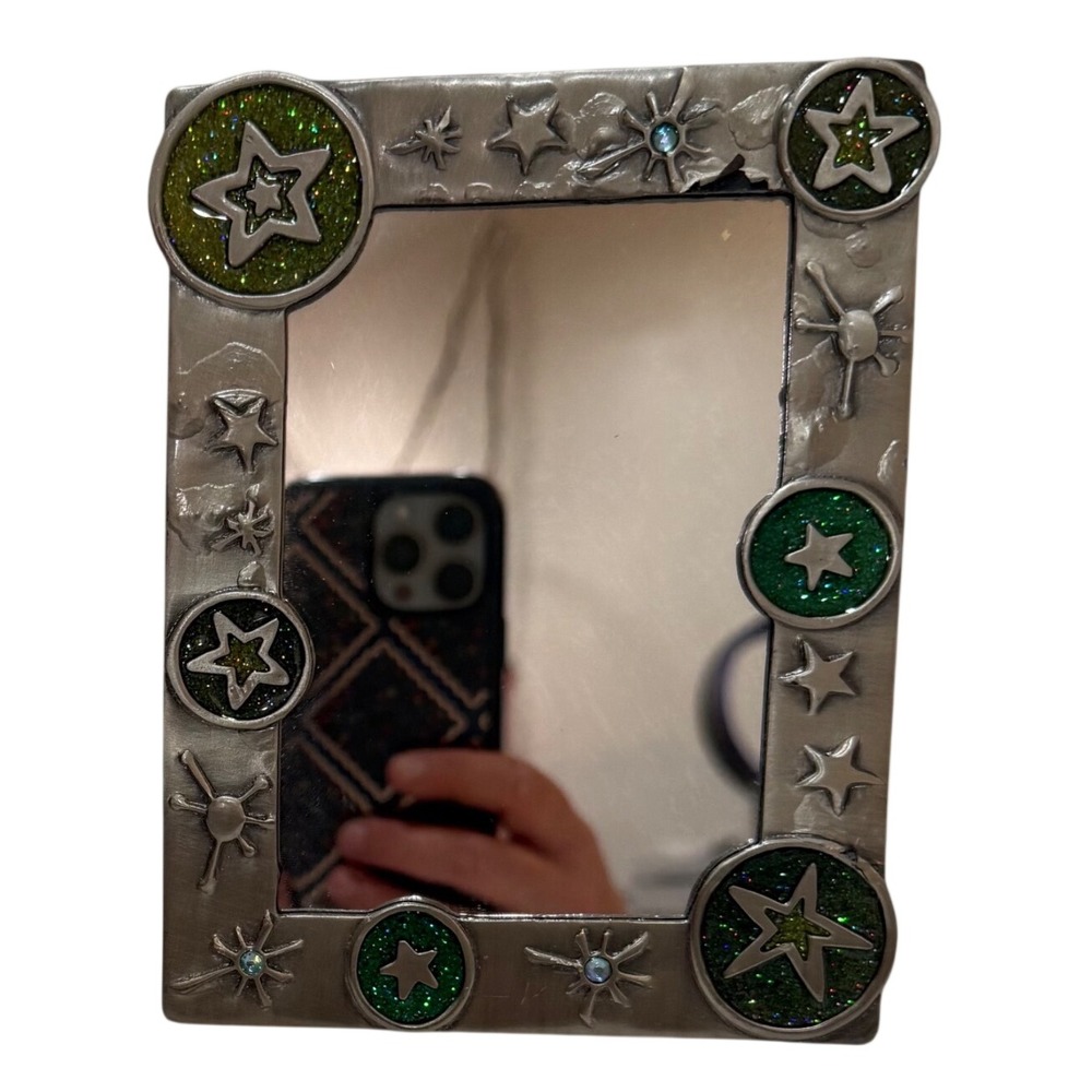 Vintage Celestial Starburst Mirror Green Glitter Stars Silver Witchy Whimsical